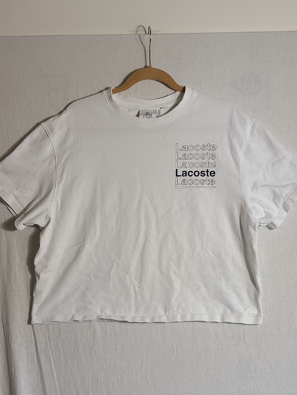 Lacoste Live White Crewneck Heavy Weight Crop Tee Repeated Logo Size 42 Large
